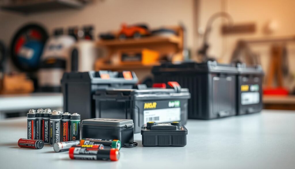 An assortment of common lawn mower battery types neatly arranged on a clean, well-lit workbench. In the foreground, a selection of AA, AAA, and 9V batteries, while in the middle ground, larger lead-acid and lithium-ion batteries typical of electric lawn mowers stand upright. The background is softly blurred, with a warm, natural light filtering in, creating a professional, educational atmosphere. The composition is balanced, the focus is clear, and the overall image conveys a sense of technical understanding and expertise.