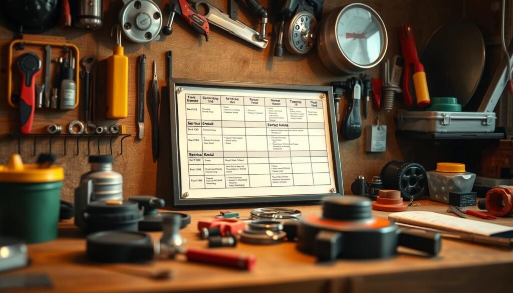 Detailed lawn mower maintenance schedule displayed on a well-lit workbench, with various tools and spare parts neatly organized. The schedule is presented in a clean, easy-to-read format, highlighting key service intervals and tasks. Warm, natural lighting illuminates the scene, creating a sense of order and organization. The angle is slightly elevated, allowing the viewer to get a comprehensive overview of the maintenance plan. The atmosphere conveys a proactive, preventative approach to lawn mower care, emphasizing the importance of regular upkeep to avoid potential issues like backfiring.