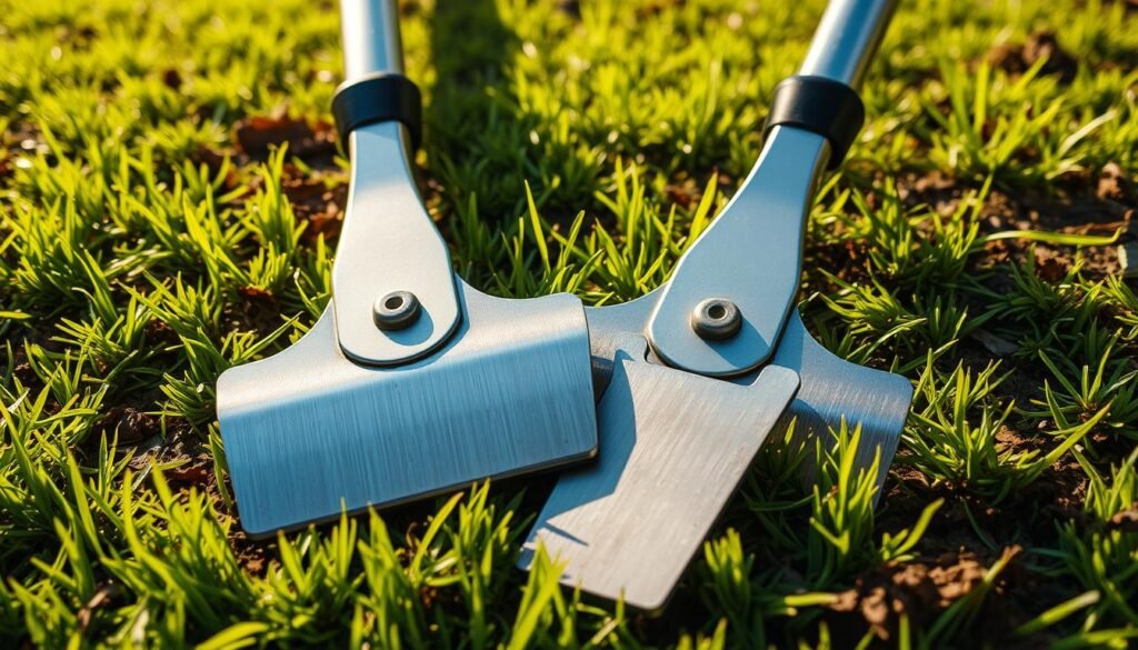 Sharp, glistening mower blades against a backdrop of freshly laid sod, capturing the essence of "Preparing My Lawn and Equipment for the First Mow". The blades, meticulously sharpened, reflect the sunlight, signaling their readiness to slice through the lush, verdant grass. The sod, a rich, earthy tone, provides a natural setting, emphasizing the importance of proper lawn preparation before the initial mowing. The scene is bathed in a warm, golden light, creating a sense of anticipation and the promise of a healthy, thriving lawn to come. The camera angle is slightly elevated, allowing the viewer to appreciate the intricate details of the sharp, well-maintained blades, ready to tackle the new sod with precision and care. Sharp, glistening mower blades against a backdrop of freshly laid sod, capturing the essence of "Preparing My Lawn and Equipment for the First Mow". The blades, meticulously sharpened, reflect the sunlight, signaling their readiness to slice through the lush, verdant grass. The sod, a rich, earthy tone, provides a natural setting, emphasizing the importance of proper lawn preparation before the initial mowing. The scene is bathed in a warm, golden light, creating a sense of anticipation and the promise of a healthy, thriving lawn to come. The camera angle is slightly elevated, allowing the viewer to appreciate the intricate details of the sharp, well-maintained blades, ready to tackle the new sod with precision and care.