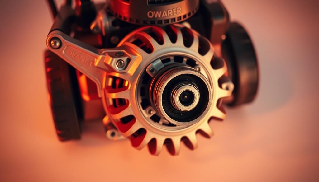 A close-up view of a lawn mower alternator, its intricate components shimmering under warm studio lighting. The alternator is centered, surrounded by a clean, neutral background that allows the device to take center stage. The angle is slightly elevated, providing a detailed look at the alternator's metal housing, wiring, and pulley system. The image conveys a sense of technical precision and the importance of this part in the overall functioning of a lawn mower. The lighting accentuates the alternator's metallic surfaces, creating a sense of depth and highlighting its mechanical details. A close-up view of a lawn mower alternator, its intricate components shimmering under warm studio lighting. The alternator is centered, surrounded by a clean, neutral background that allows the device to take center stage. The angle is slightly elevated, providing a detailed look at the alternator's metal housing, wiring, and pulley system. The image conveys a sense of technical precision and the importance of this part in the overall functioning of a lawn mower. The lighting accentuates the alternator's metallic surfaces, creating a sense of depth and highlighting its mechanical details.