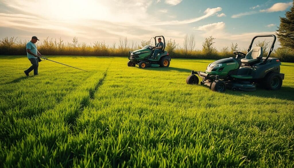 A lush, verdant lawn with a side-by-side comparison of different mowing equipment. In the foreground, a push lawn mower effortlessly carves through the grass, leaving a freshly mowed path. In the middle ground, a riding lawn mower efficiently covers a larger swathe, its engine's hum echoing across the expanse. In the background, a robust zero-turn mower deftly navigates around obstacles, maximizing the lawn's area covered per pass. Warm, golden sunlight filters through wispy clouds, casting natural shadows and highlighting the vibrant green hues. The scene conveys a sense of productivity and efficiency, showcasing the differences in mowing time and capabilities between the various equipment types.