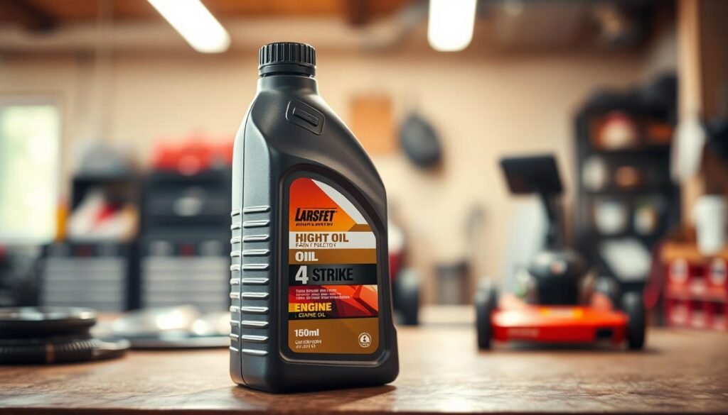A well-lit, close-up view of a fresh bottle of high-quality 4-stroke engine oil, positioned on a clean, organized workbench. The bottle is positioned at a slight angle, allowing the oil level and capacity markings to be clearly visible. The background is a softly blurred, warm-toned garage or workshop setting, conveying a sense of professionalism and attention to detail in lawn mower maintenance. The lighting is natural and directional, casting subtle shadows and highlights on the bottle to emphasize its sleek, premium design. The overall mood is one of knowledgeable, diligent care for the lawn mower's engine and performance.