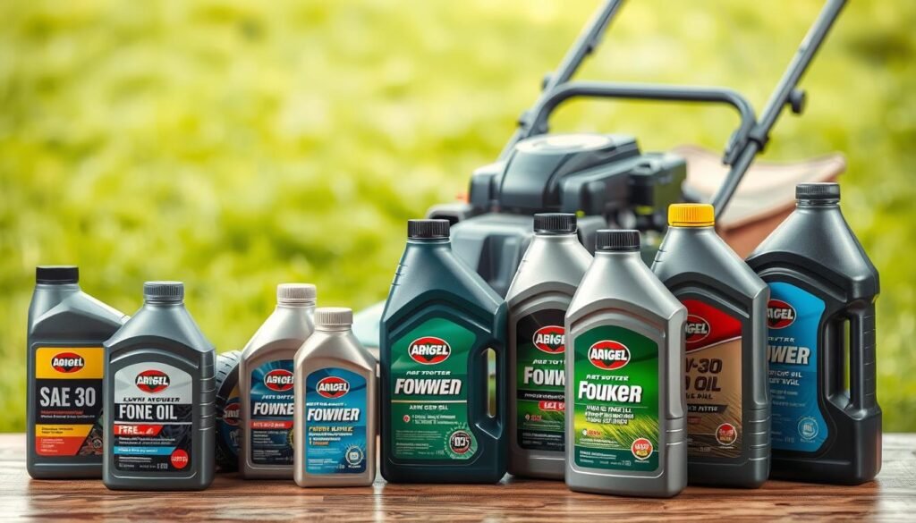 A well-lit still life featuring an assortment of lawn mower oil bottles in the foreground, neatly arranged on a wooden surface. The bottles should display a range of popular oil types and viscosities, such as SAE 30, 10W-30, and 4-stroke engine oil. In the middle ground, a classic push lawn mower with a clean, freshly polished exterior is positioned, suggesting the connection between the oils and their purpose. The background should have a subtle, blurred landscape of a lush, green lawn, emphasizing the context of lawn care. The overall scene should convey a sense of organization, expertise, and the importance of using the right oil for optimal lawn mower performance and longevity. A well-lit still life featuring an assortment of lawn mower oil bottles in the foreground, neatly arranged on a wooden surface. The bottles should display a range of popular oil types and viscosities, such as SAE 30, 10W-30, and 4-stroke engine oil. In the middle ground, a classic push lawn mower with a clean, freshly polished exterior is positioned, suggesting the connection between the oils and their purpose. The background should have a subtle, blurred landscape of a lush, green lawn, emphasizing the context of lawn care. The overall scene should convey a sense of organization, expertise, and the importance of using the right oil for optimal lawn mower performance and longevity.