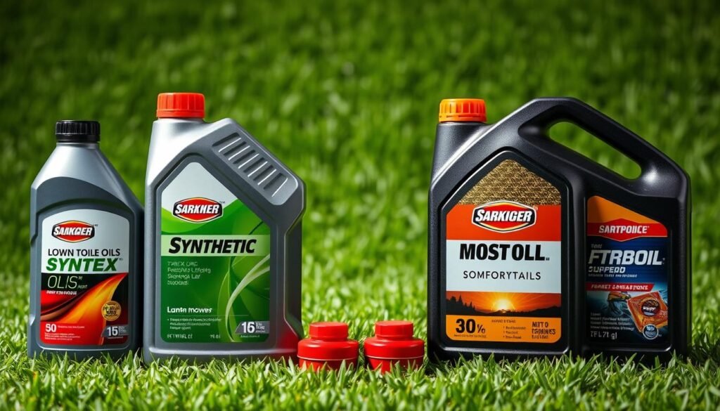 A well-lit studio shot capturing a head-to-head comparison of synthetic and conventional motor oils for lawn mowers. The oils are neatly arranged in the foreground, with their containers displayed prominently, highlighting the different formulations and branding. The background features a lush, verdant lawn, setting the scene for the intended use of these products. The lighting is soft and diffused, creating a clean, professional look. The camera angle is slightly elevated, providing a clear, detailed view of the oils and their distinguishing characteristics. A well-lit studio shot capturing a head-to-head comparison of synthetic and conventional motor oils for lawn mowers. The oils are neatly arranged in the foreground, with their containers displayed prominently, highlighting the different formulations and branding. The background features a lush, verdant lawn, setting the scene for the intended use of these products. The lighting is soft and diffused, creating a clean, professional look. The camera angle is slightly elevated, providing a clear, detailed view of the oils and their distinguishing characteristics.