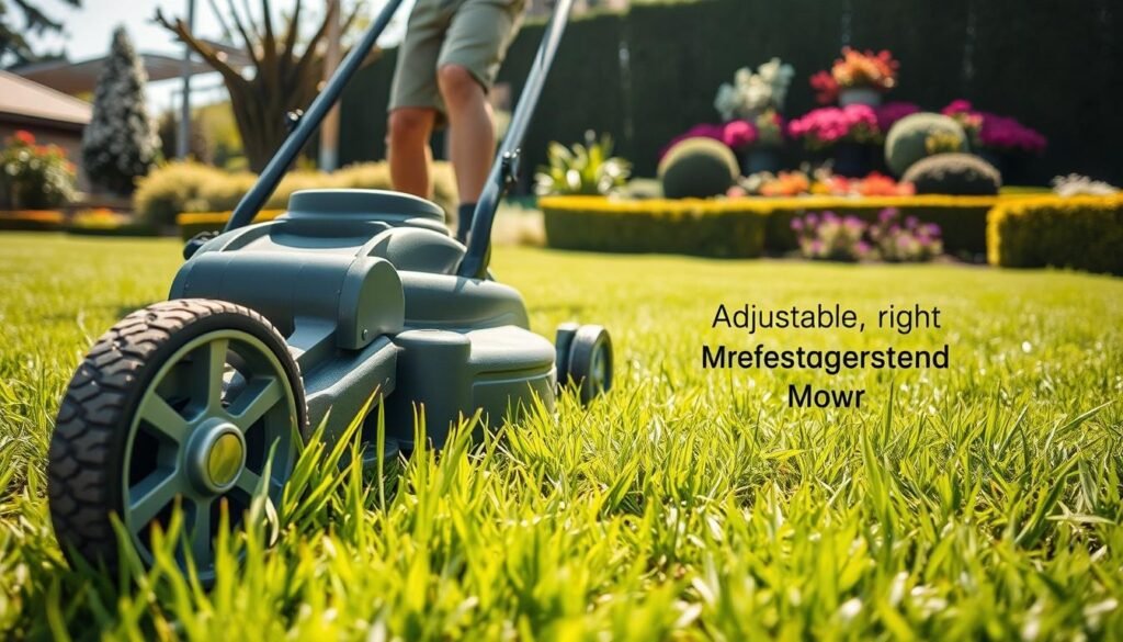 A well-manicured lawn, the sunlight filtering through lush greenery. In the foreground, a sturdy mower with sharp blades, its wheels rolling smoothly over the freshly cut grass. The mower's adjustable cutting height mechanism is the focal point, showcasing the ability to precisely control the length of the lawn. In the middle ground, a gardener in casual attire, guiding the mower with confident strokes, ensuring an even, meticulous trim. The background reveals a picturesque garden, with vibrant flowers and neatly trimmed hedges, creating a harmonious and inviting scene. The image conveys a sense of care, attention to detail, and the importance of properly preparing a new lawn for its first mow.