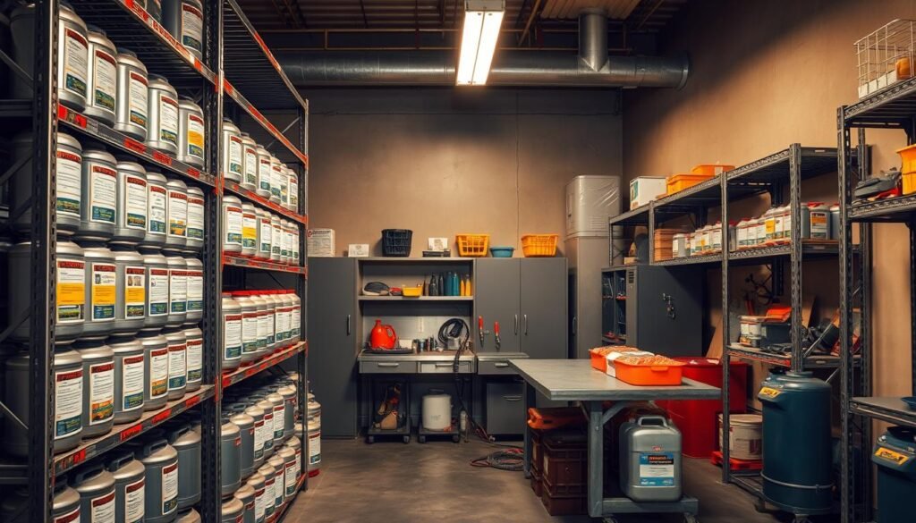 A well-organized, well-lit storage area with neatly stacked fuel cans and containers. The foreground shows a sturdy metal shelving unit, each shelf holding a variety of labeled fuel cans in different sizes. The middle ground features a workbench with tools and a fuel dispensing system. In the background, the walls are lined with additional shelves and storage cabinets, creating a sense of order and efficiency. The lighting is bright and even, casting a warm glow over the scene. The overall atmosphere conveys a professional, safety-conscious approach to fuel storage and handling. A well-organized, well-lit storage area with neatly stacked fuel cans and containers. The foreground shows a sturdy metal shelving unit, each shelf holding a variety of labeled fuel cans in different sizes. The middle ground features a workbench with tools and a fuel dispensing system. In the background, the walls are lined with additional shelves and storage cabinets, creating a sense of order and efficiency. The lighting is bright and even, casting a warm glow over the scene. The overall atmosphere conveys a professional, safety-conscious approach to fuel storage and handling.