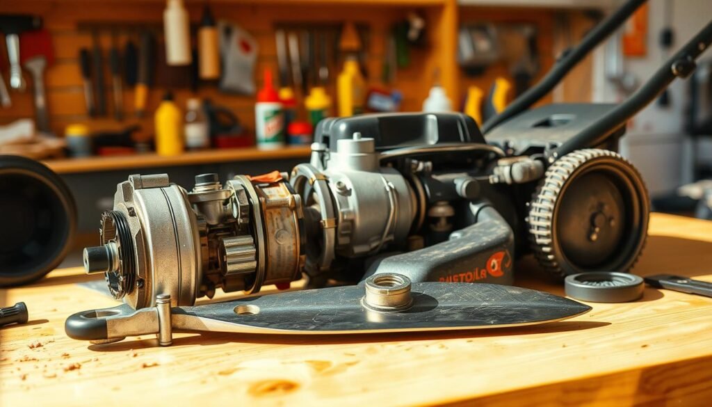 A close-up inspection of a lawn mower's inner components, captured under warm, natural lighting. The scene depicts the disassembled parts laid out on a clean, wooden workbench. In the foreground, the engine block and carburetor are meticulously examined, their intricate mechanisms and surfaces displayed in high detail. The middle ground showcases the mower's cutting blade, sharpened and gleaming. In the background, various tools and lubricants are neatly organized, suggesting a methodical troubleshooting process. The overall atmosphere conveys a sense of careful diagnosis, with a focus on understanding the root cause of any potential issues.