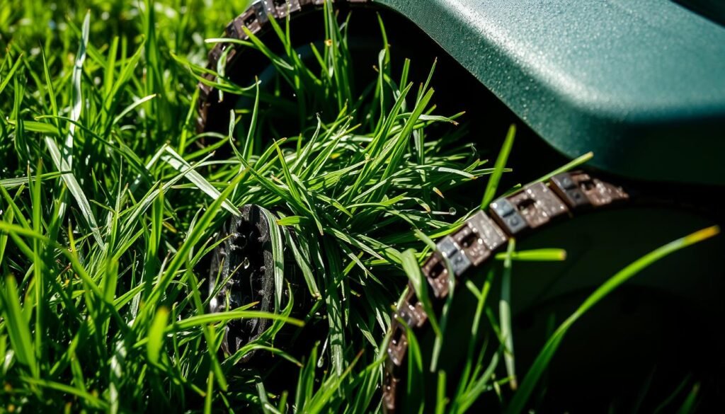 A close-up of wet, dense grass clumps being cut by the sharp, serrated blades of a freshly sharpened lawnmower. The grass is damp and heavy, clinging to the blades as they slice through it, leaving behind a trail of freshly mown strands. The mower is angled slightly to the right, capturing the intricate details of the blades and the wet, matted grass. Bright, natural lighting casts shadows across the scene, highlighting the textures and colors. The overall mood is one of quiet contemplation, with a focus on the functional mechanics of lawn maintenance.