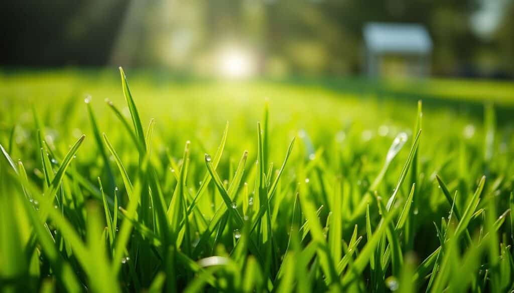 A close-up shot of freshly mowed wet grass, with individual blades glistening with water droplets. The lush, emerald-green lawn fills the frame, showcasing the delicate tips that have been carefully trimmed. Sunlight filters through the atmosphere, casting a soft, diffused glow and creating a sense of tranquility. The scene is captured from a low angle, emphasizing the texture and vibrancy of the grass. The depth of field is shallow, drawing the viewer's attention to the foreground while blurring the background for a dreamlike, artistic feel.