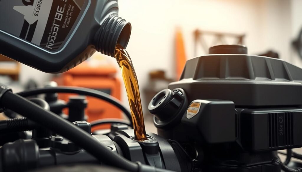 A close-up view of a car engine oil bottle being poured into the oil fill port of a lawn mower engine, set against a clean, well-lit workshop backdrop. The engine components and oil flow are captured in crisp, highly detailed photorealistic rendering, emphasizing the compatibility and interchangeability between the two fluids. The lighting is soft and even, creating a sense of clarity and technical precision. The composition is balanced, with the focal point being the point of oil transfer, surrounded by the necessary context to convey the subject matter effectively.