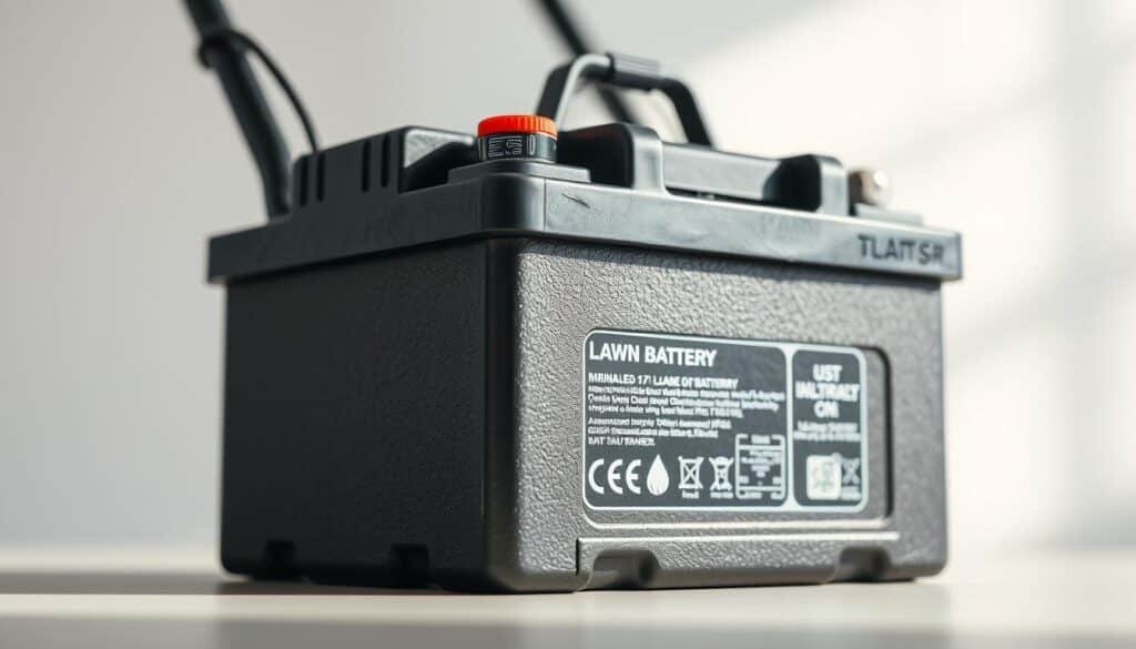 A close-up view of a lawn mower battery, meticulously captured in high-resolution photography. The battery is prominently displayed against a clean, neutral background, allowing its intricate details and voltage indicators to be the focal point. Soft, diffused lighting from the side creates subtle shadows and highlights the battery's textured surface, emphasizing its rugged construction. The image is composed with a shallow depth of field, keeping the battery in sharp focus while gently blurring the background, directing the viewer's attention to the critical information displayed on the battery terminals and casing.