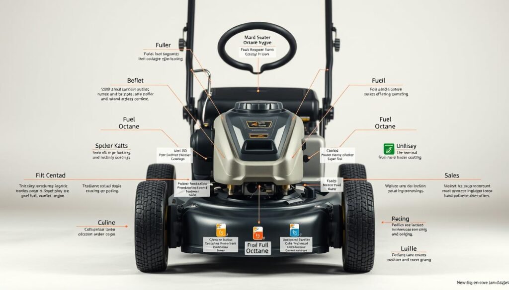 A detailed technical diagram showcasing the various fuel types and octane ratings suitable for lawn mower engines. Set against a clean, neutral background, the image features a centrally positioned lawn mower with its fuel tank exposed, highlighting the different fuel grade options arranged neatly around it. The diagram utilizes a combination of clear labeling, color-coded fuel icons, and concise descriptions to provide a comprehensive and visually striking guide. Crisp lighting accentuates the mechanical details, while a subtle depth-of-field effect draws the viewer's attention to the key information. The overall mood is one of practicality and utility, designed to educate and inform the reader on the optimal fuel selection for their lawn mower. A detailed technical diagram showcasing the various fuel types and octane ratings suitable for lawn mower engines. Set against a clean, neutral background, the image features a centrally positioned lawn mower with its fuel tank exposed, highlighting the different fuel grade options arranged neatly around it. The diagram utilizes a combination of clear labeling, color-coded fuel icons, and concise descriptions to provide a comprehensive and visually striking guide. Crisp lighting accentuates the mechanical details, while a subtle depth-of-field effect draws the viewer's attention to the key information. The overall mood is one of practicality and utility, designed to educate and inform the reader on the optimal fuel selection for their lawn mower.