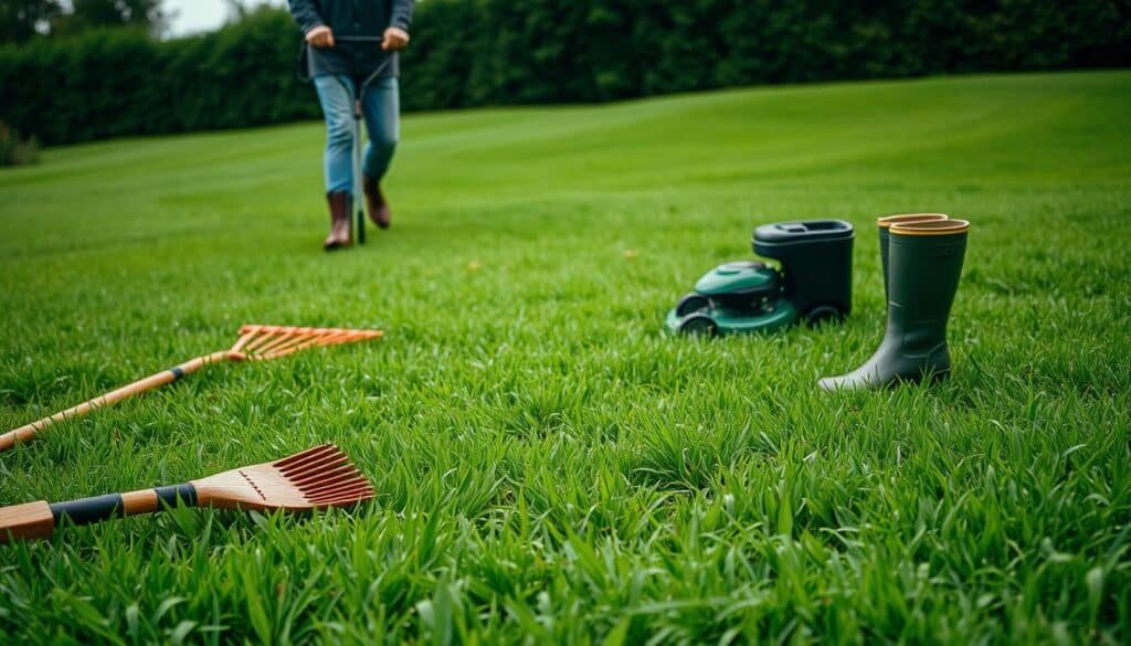 A lush green lawn on a wet, overcast day. In the foreground, a person carefully maneuvers a push mower, taking measured steps to avoid damaging the saturated grass. The middle ground features a variety of lawn care tools, including a garden rake and a pair of rain boots, showcasing strategies to minimize impact. In the background, a shadowy treeline provides a natural backdrop, emphasizing the need to work with nature on wet days. The image is captured with a wide-angle lens, creating a sense of depth and highlighting the overall scene. The mood is one of thoughtful, responsible lawn care, with a focus on preserving the health of the grass during challenging weather conditions.