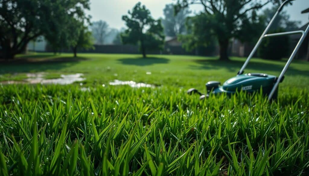 A lush, verdant lawn under an overcast sky after a recent rainfall. In the foreground, wet blades of grass glisten, their tips heavy with droplets. A lawn mower stands idle, its chrome finish catching the dim light. In the middle ground, the soil appears sodden, with puddles dotting the uneven terrain. Shadows cast by nearby trees create a patchwork of light and dark across the scene. The background is hazy, with a sense of dampness permeating the air. The mood is one of contemplation, as the viewer considers the optimal timing and conditions for mowing the lawn after a rainy spell.