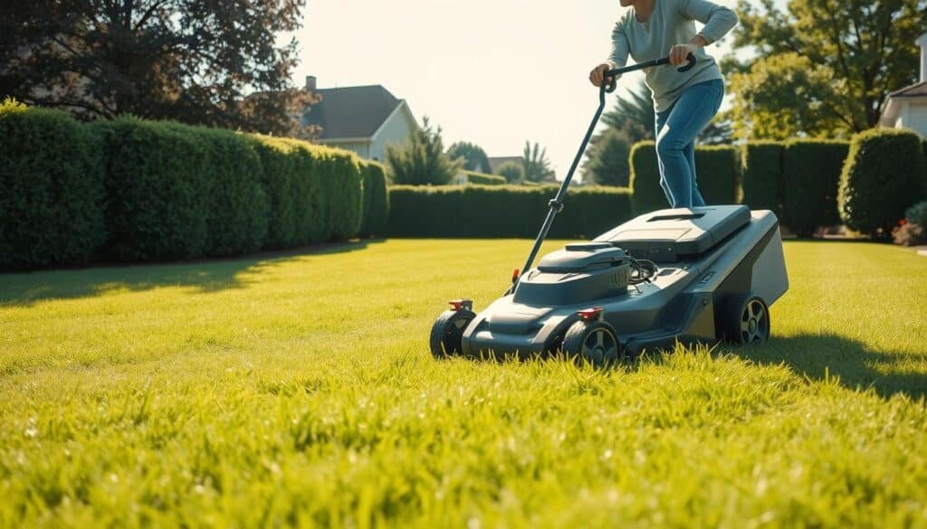 A lush, well-manicured lawn under a bright, mid-morning sun. A person in casual attire, their face focused and attentive, meticulously maneuvering a modern, self-propelled lawn mower through the damp, verdant grass. The mower's blades spin with precision, leaving behind a neat, striped pattern. In the background, a picturesque suburban setting with neatly trimmed hedges and a clear, cloudless sky. The scene exudes a sense of order, control, and the satisfaction of a job well done, capturing the essence of "timing your mow" for optimal results.