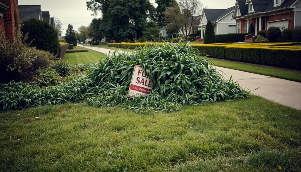 A sprawling, overgrown lawn, lush with untamed grass and weeds, dominates the foreground. Tangled foliage spills over the property's edges, encroaching onto the sidewalk. In the middle ground, a weathered "For Sale" sign leans crookedly, partially obscured by the unruly vegetation. The background reveals a well-manicured neighborhood, with trim hedges and neatly trimmed lawns, creating a stark contrast. Muted, overcast lighting casts a somber tone, as if the uncared-for yard is a blight upon the otherwise pristine street. The composition conveys a sense of neglect and a lack of civic pride, setting the stage for the viewer to ponder the question: "Can You Report Someone for Not Mowing Their Lawn?"