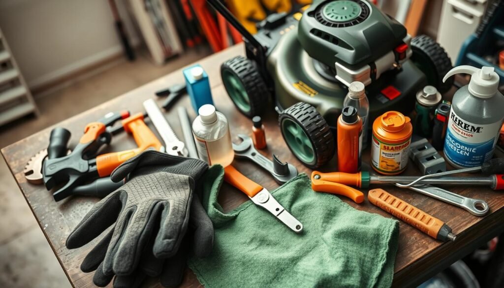 A well-lit, high-angle shot of a neatly organized workbench featuring an array of lawn maintenance tools, including a lawnmower, hedge trimmer, and various wrenches, screwdrivers, and cleaning supplies. In the foreground, a pair of sturdy gardening gloves and a rag are placed alongside the tools, conveying a sense of routine upkeep. The background is blurred, but hints at a tidy garage or workshop space, creating a calm, focused atmosphere for the viewer to envision the process of preventative maintenance and quick fixes for their own lawn equipment.