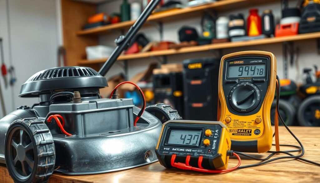 A well-lit workshop interior with a lawn mower and a multimeter positioned on a workbench. The lawn mower's battery terminals are exposed, and the multimeter's probes are connected, displaying voltage readings on the digital display. Bright, focused light illuminates the scene, casting subtle shadows and highlighting the metallic surfaces. The background features shelves with various tools and lawn care equipment, creating a professional, technical atmosphere. The composition emphasizes the interplay between the lawn mower, multimeter, and the detailed voltage readings, conveying the process of interpreting battery voltage levels.