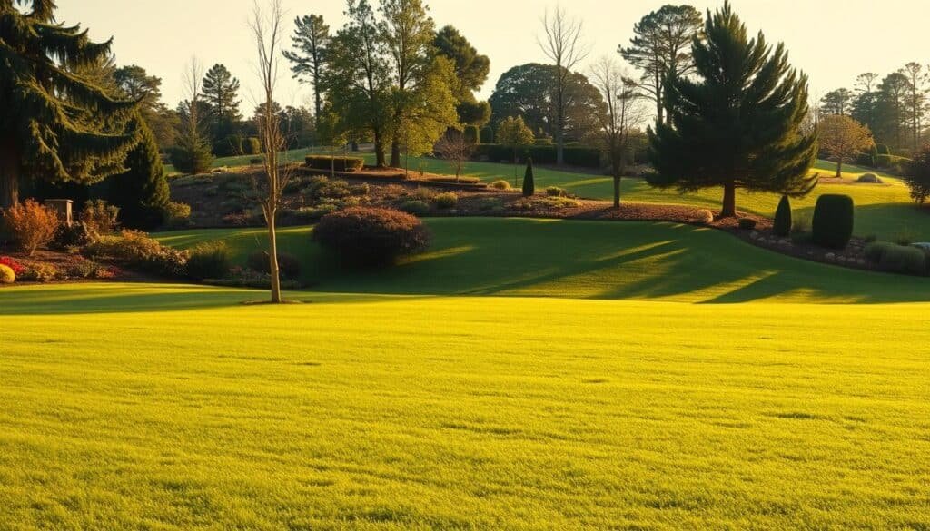 An expansive outdoor scene with a lush, rolling lawn as the focal point. In the foreground, the terrain is smooth and even, well-suited for a standard push mower. In the middle ground, the lawn transitions to slightly more uneven, hilly terrain, requiring consideration of a mower's power and maneuverability. The background showcases a variety of trees, bushes, and landscaping elements, creating visual interest and depth. The scene is bathed in warm, golden afternoon light, casting long shadows and highlighting the texture of the grass. The overall mood is one of tranquility and natural beauty, inviting the viewer to envision the practical factors involved in selecting the perfect lawn mower for this type of yard. An expansive outdoor scene with a lush, rolling lawn as the focal point. In the foreground, the terrain is smooth and even, well-suited for a standard push mower. In the middle ground, the lawn transitions to slightly more uneven, hilly terrain, requiring consideration of a mower's power and maneuverability. The background showcases a variety of trees, bushes, and landscaping elements, creating visual interest and depth. The scene is bathed in warm, golden afternoon light, casting long shadows and highlighting the texture of the grass. The overall mood is one of tranquility and natural beauty, inviting the viewer to envision the practical factors involved in selecting the perfect lawn mower for this type of yard.