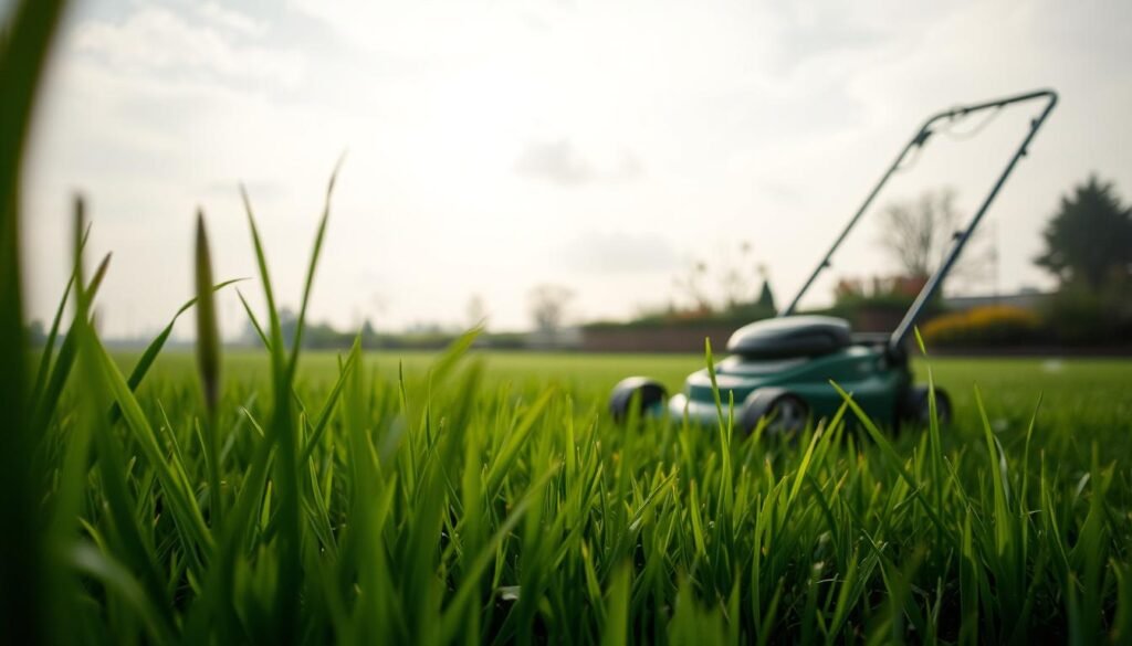An expertly mowed lawn on a damp morning, with the sun peeking through wispy clouds. In the foreground, a gardener carefully navigates their lawn mower, its blades gently gliding over the lush, verdant grass. Midground, the grass blades sway gently, capturing the essence of a slow, methodical mowing technique. In the background, a well-tended garden frames the scene, adding depth and tranquility. The lighting is soft and diffused, creating a serene, almost ethereal atmosphere. The camera angle is slightly elevated, allowing the viewer to observe the mowing process from an optimal vantage point.