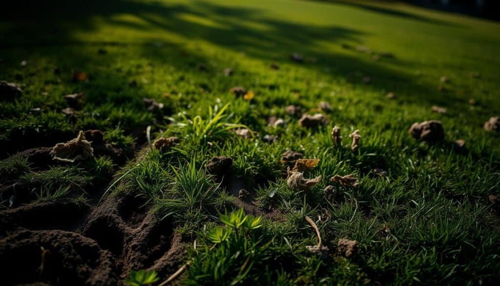 An overgrown lawn with visible ruts, patches of brown and damaged grass, and scattered clumps of torn vegetation. The foreground features a close-up view of the uneven, muddy ground where the mower has left deep indentations. The middle ground shows the irregular, patchy texture of the lawn, with some areas flattened and others standing tall. In the background, the lawn gradually transitions into a blurred, out-of-focus landscape, creating a sense of depth. The lighting is soft and diffused, casting long shadows that accentuate the uneven terrain. The overall atmosphere conveys a sense of neglect and the negative impact of improper mowing practices on the lawn's health. An overgrown lawn with visible ruts, patches of brown and damaged grass, and scattered clumps of torn vegetation. The foreground features a close-up view of the uneven, muddy ground where the mower has left deep indentations. The middle ground shows the irregular, patchy texture of the lawn, with some areas flattened and others standing tall. In the background, the lawn gradually transitions into a blurred, out-of-focus landscape, creating a sense of depth. The lighting is soft and diffused, casting long shadows that accentuate the uneven terrain. The overall atmosphere conveys a sense of neglect and the negative impact of improper mowing practices on the lawn's health.