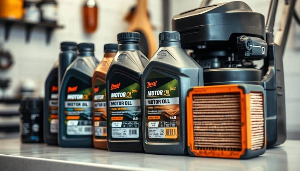 Detailed close-up of an array of different motor oil bottles and engine air filters, neatly arranged on a clean, organized workbench or shop counter. The lighting is soft and diffused, highlighting the textures and colors of the various products. The bottles are prominently displayed, each with clear labels showcasing their respective specifications and viscosity grades. The air filters are positioned alongside, showcasing their intricate designs and materials. The scene conveys a sense of care, attention to detail, and preparedness for properly maintaining and servicing a lawn mower, in line with the subject of the article.