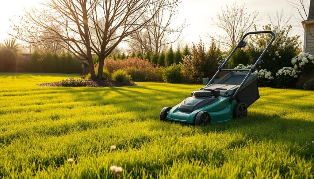 Lush, verdant early spring lawn, freshly mowed, with delicate blossoms of dandelions and clover scattered throughout. A walk-behind lawn mower, its engine rumbling, leaves a crisp, even pattern across the emerald expanse. Warm, diffused sunlight filters through wispy clouds, casting a soft, golden glow. Nearby, flowering trees and shrubs frame the scene, their gentle swaying adding a sense of tranquility. The air is filled with the earthy, grassy scent of newly cut blades. This picturesque early season mowing landscape conveys the promise of a thriving, well-maintained outdoor space.