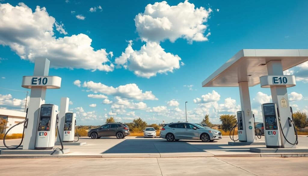 A brightly lit, modern E10 fuel station with multiple pumps in the foreground. The pumps have clear signage displaying "E10" and are surrounded by a clean, well-maintained concrete apron. In the middle ground, there are several cars parked at the station, their drivers refueling their vehicles. The background features a clear blue sky with fluffy white clouds, creating a pleasant, inviting atmosphere. The scene is captured from a slightly elevated angle, highlighting the sleek, contemporary design of the fuel station. The lighting is natural, with the sun casting a warm glow over the entire scene, creating a welcoming and accessible environment for lawn mower owners to refuel their equipment.