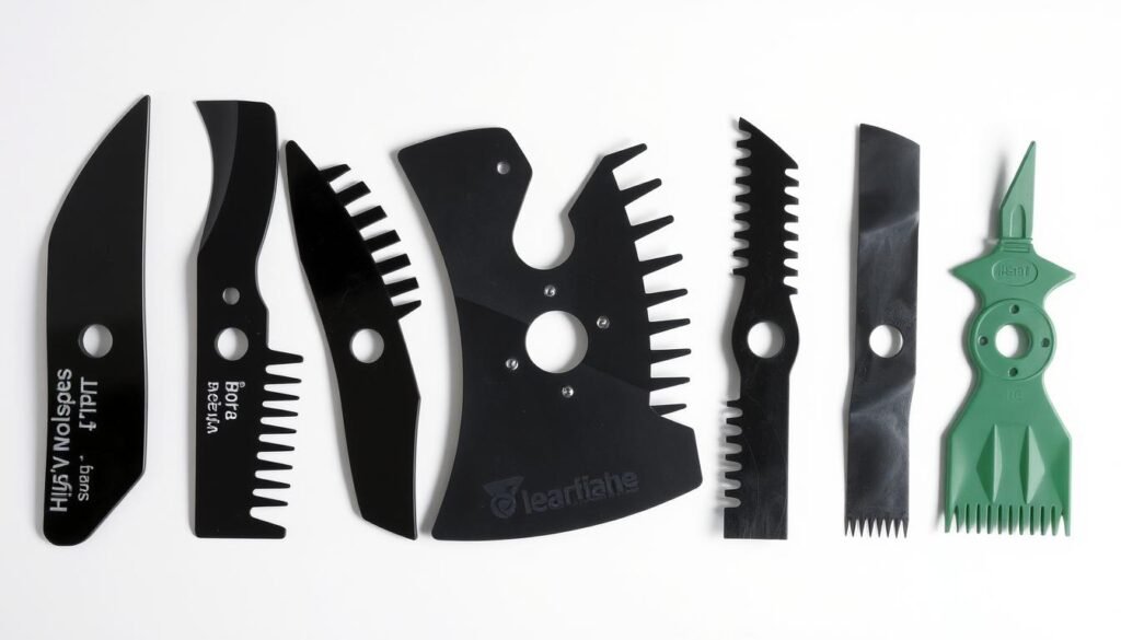 A close-up comparison of different lawn mower blade types, including high-lift, mulching, and standard blades. The blades are arranged in a neat row against a plain white background, illuminated by soft, diffused studio lighting to highlight their distinct shapes, sizes, and cutting edges. The image has a clean, informative aesthetic, allowing the viewer to clearly observe and compare the key differences between the blade designs.