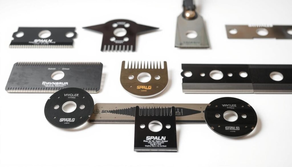 A close-up of a set of lawn mower blades set against a bright, evenly lit background. The blades are sharp, shiny, and meticulously detailed, showcasing their variety in size, shape, and design. In the middle ground, a selection of blade types from different brands are arranged, highlighting their distinct features and dispelling the myth of universal interchangeability. The background is clean and uncluttered, allowing the blades to be the sole focus, conveying a sense of clarity and authority on the subject matter. The lighting is soft and diffused, creating shadows that emphasize the blades' contours and the differences between them. The overall mood is one of informative, technical precision, inviting the viewer to closely examine the diverse range of lawn mower blade options.