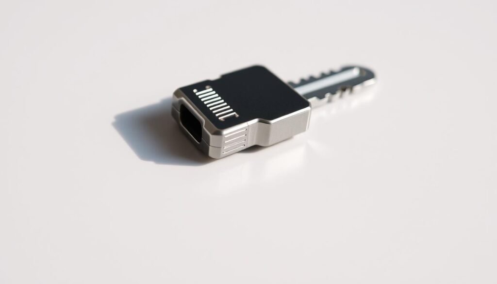 A close-up view of a universal ignition key, meticulously crafted with a sleek, chrome finish. The key sits prominently on a plain background, casting a soft, ambient light that accentuates its minimalist design. The key's teeth and grooves are sharply defined, conveying a sense of precision and versatility. The image is captured with a shallow depth of field, allowing the key to be the sole focus, while the background remains subtly blurred, creating a sense of isolation and emphasis on the object's significance. The lighting is natural and diffused, giving the image a clean, professional appearance suitable for illustrating the section on Craftsman riding lawn mower key compatibility.