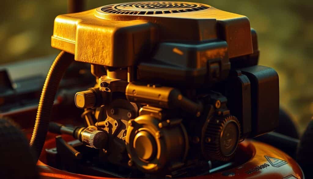 A close-up view of a well-maintained lawn mower engine, illuminated by warm, directional lighting that casts dramatic shadows. The engine components are meticulously detailed, showcasing the intricate gears, pistons, and fuel system. The background is blurred, allowing the viewer to focus on the technical complexity of the engine. The overall scene conveys a sense of precision, care, and the importance of proper maintenance for optimal lawn mower performance. A close-up view of a well-maintained lawn mower engine, illuminated by warm, directional lighting that casts dramatic shadows. The engine components are meticulously detailed, showcasing the intricate gears, pistons, and fuel system. The background is blurred, allowing the viewer to focus on the technical complexity of the engine. The overall scene conveys a sense of precision, care, and the importance of proper maintenance for optimal lawn mower performance.