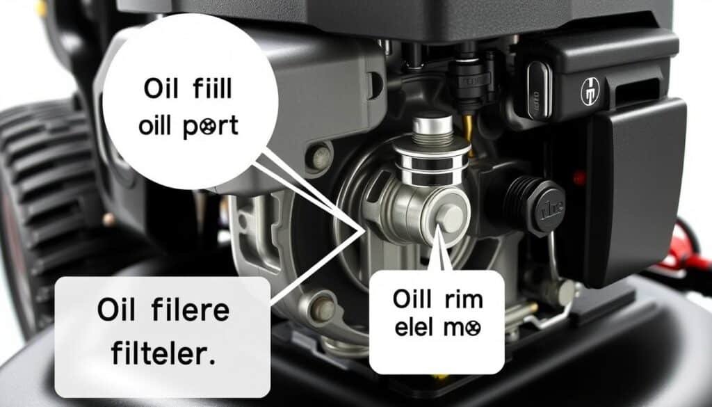 A detailed, close-up view of a Toro lawn mower engine, showcasing its internal oil requirements. The engine is depicted in a well-lit, technical diagram-like style, with a transparent casing revealing the intricate components and oil passages. The foreground focuses on the oil fill port, oil filter, and oil drain plug, highlighting their placement and dimensions. The middle ground provides an overview of the engine block, crankcase, and other relevant parts. The background subtly suggests the engine's context within the larger Toro mower assembly. The image conveys a sense of precision, functionality, and the importance of properly maintaining the engine's oil system for optimal performance. A detailed, close-up view of a Toro lawn mower engine, showcasing its internal oil requirements. The engine is depicted in a well-lit, technical diagram-like style, with a transparent casing revealing the intricate components and oil passages. The foreground focuses on the oil fill port, oil filter, and oil drain plug, highlighting their placement and dimensions. The middle ground provides an overview of the engine block, crankcase, and other relevant parts. The background subtly suggests the engine's context within the larger Toro mower assembly. The image conveys a sense of precision, functionality, and the importance of properly maintaining the engine's oil system for optimal performance.