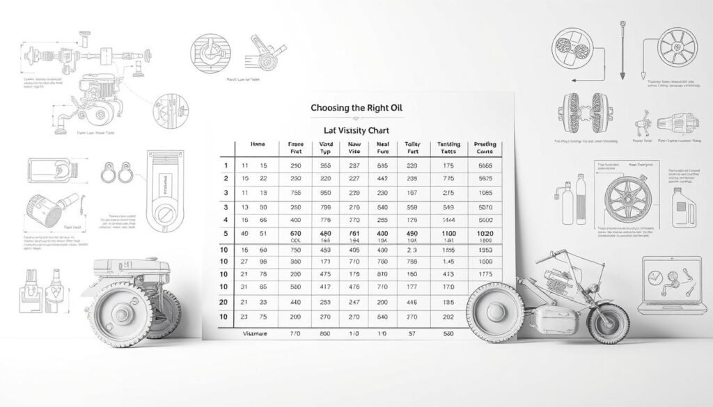 A highly detailed, precision-engineered lawn mower oil viscosity chart rendered in a technical, scientific style. The chart is the central focus, occupying the midground, with a clean white background. Surrounding it are subtle, greyscale technical illustrations and diagrams related to lawn mower engine components and oil properties. Soft, neutral lighting casts an authoritative, informative atmosphere. The overall composition conveys a sense of technical expertise and utility, perfectly suited to illustrate the "Choosing the Right Oil" section of the article.