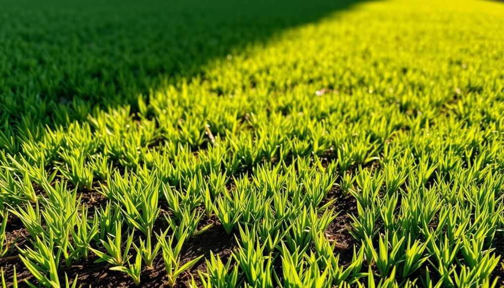 A lush, verdant lawn with distinct stages of growth showcasing the progression from seeded to sodded grass. In the foreground, tender seedlings emerge from the soil, their vibrant green blades gently swaying in a soft breeze. The middle ground features a more mature, dense carpet of grass, its uniform texture and height indicating an established sodded lawn. In the background, a gradient of shades and textures depicts the gradual transition from seeded to sodded sections, creating a visually compelling representation of the different growth stages. The scene is bathed in warm, golden sunlight, casting gentle shadows and highlighting the rich, earthy tones of the soil and the vibrant hues of the grass. The overall composition conveys a sense of natural harmony and the beauty of a thriving, healthy lawn.