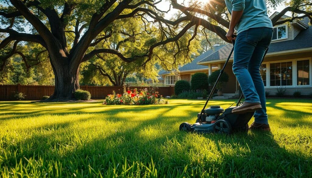 A peaceful mowing routine unfolds in a sun-dappled suburban yard. In the foreground, a person diligently guides a push mower, the blades cutting through lush, emerald grass. Warm light filters through towering oak trees, casting long shadows that dance across the lawn. In the middle ground, a well-tended garden bursts with colorful blooms, their petals swaying gently in a light breeze. In the background, a cozy home stands, its windows glinting, as if welcoming the serene outdoor activity. The atmosphere exudes a sense of tranquility and mindfulness, inviting the viewer to embrace the simple pleasures of lawn maintenance.
