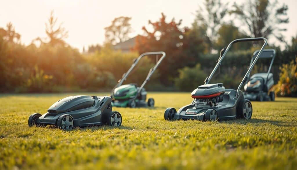 A sprawling outdoor scene featuring an assortment of alternative fuel lawn mower options. In the foreground, a sleek electric mower with gleaming chrome accents stands prominently, its battery pack visible. Behind it, a hybrid mower blends gasoline and solar power, its solar panels catching the warm afternoon sunlight. In the distance, a hydrogen-powered mower hums quietly, its fuel cell technology powering its silent operation. The lush green lawn and vibrant foliage create a serene, eco-friendly atmosphere, lit by soft, diffused natural lighting that enhances the modern, sustainable aesthetic. The scene conveys a vision of the future of lawn care, where traditional gas-powered mowers have given way to a diverse array of innovative, environmentally-conscious alternatives.