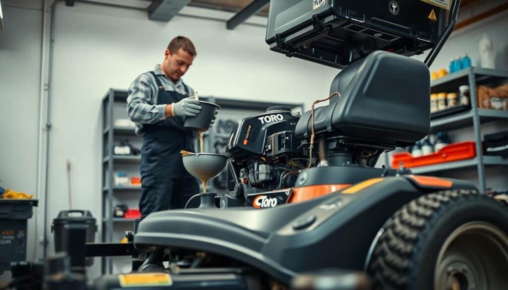 A well-lit garage interior with a Toro lawn mower positioned in the foreground. The mower is elevated on a hydraulic lift, exposing the engine compartment. In the mid-ground, a mechanic wearing coveralls and protective gloves is carefully draining the used oil into a collection pan. The background features neatly organized shelves stocked with lawn mower maintenance supplies and tools. The scene conveys a sense of methodical and informed care, with the focus on the step-by-step oil changing process for a Toro mower. A well-lit garage interior with a Toro lawn mower positioned in the foreground. The mower is elevated on a hydraulic lift, exposing the engine compartment. In the mid-ground, a mechanic wearing coveralls and protective gloves is carefully draining the used oil into a collection pan. The background features neatly organized shelves stocked with lawn mower maintenance supplies and tools. The scene conveys a sense of methodical and informed care, with the focus on the step-by-step oil changing process for a Toro mower.