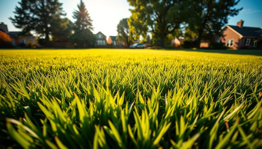 An expansive lawn, lush with verdant blades, bathed in golden afternoon sunlight. In the foreground, a well-manicured patch showcases the optimal mowing height, while in the middle ground, subtle discolorations and thinning grass hint at areas in need of attention. The background reveals a picturesque suburban setting, with towering trees and a clear blue sky, conveying an idyllic and tranquil atmosphere. Captured through a wide-angle lens, this image invites the viewer to consider the delicate balance of lawn health and the importance of timing in mowing practices.
