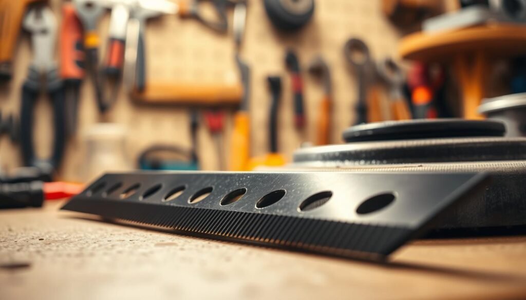A close-up view of a freshly sharpened lawn mower blade, resting on a clean, well-lit workbench. The blade's edge gleams under the warm, directional lighting, revealing its razor-sharp precision. In the background, a soft, blurred image of various hand tools and workshop items suggests a professional, organized setting. The composition emphasizes the attention to detail and the importance of properly maintaining lawn mower blades for optimal cutting performance.