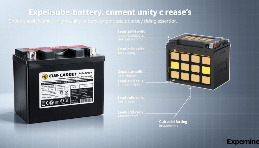 A detailed technical diagram showcasing the key specifications and factors of a high-quality battery suitable for a Cub Cadet riding mower. The foreground features a close-up view of the battery terminals, housing, and labeling, highlighting the voltage, amperage, and other crucial details. The middle ground depicts a cross-sectional illustration of the battery's internal components, such as the lead-acid cells, separator, and casing. The background blends a technical grid pattern with subtle blue and gray tones, creating a clean, professional atmosphere. The lighting is soft and diffused, emphasizing the technical precision and engineering principles behind the battery's design and performance.