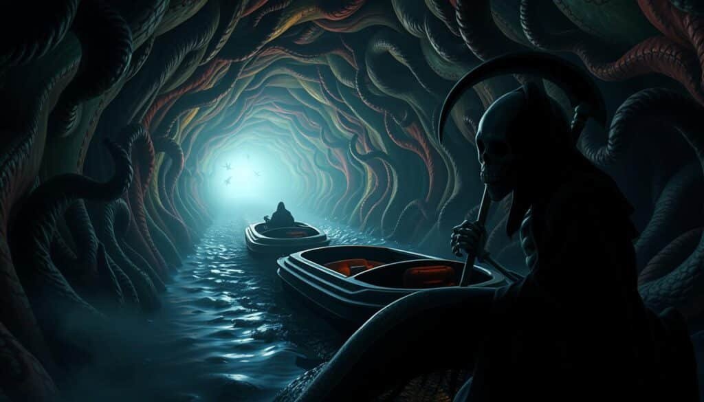 A dimly lit, grisly boat ride through the surreal, twisting tunnel of Willy Wonka's chocolate factory. The boat glides ominously, illuminated by the eerie glow of the psychedelic walls. Shadows dance across the twisted, organic landscape, creating an atmosphere of unease and dread. In the foreground, the ominous figure of the Grim Reaper looms, its skeletal form casting a foreboding presence. The scene evokes a sense of unsettling mystery, hinting at the disturbing details that lay ahead.