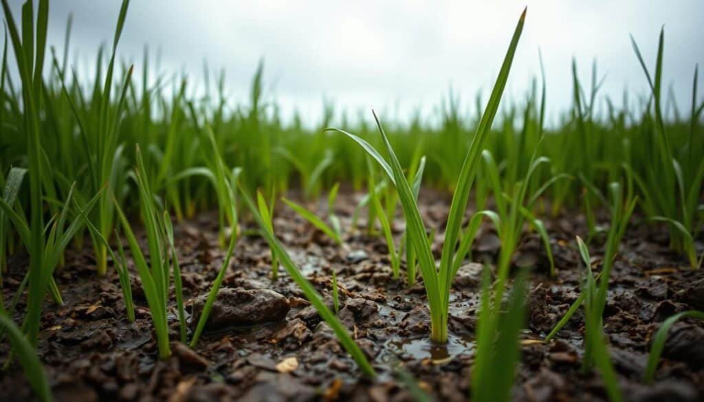 A lush, verdant field of grass, its blades weighted down by the heavy, saturated soil beneath. The ground, once rich and loamy, now compact and waterlogged, a testament to the effects of prolonged wet conditions. Raindrops glisten on the surface, reflecting the somber, overcast sky above. In the foreground, a single blade of grass stands, its once-vibrant green hue muted, the stem bent at an unnatural angle, a visual metaphor for the strain the soil is under. The scene is captured through the lens of a medium-format camera, its shallow depth of field drawing the viewer's eye to the focal point of this dynamic, yet unsettling, landscape.