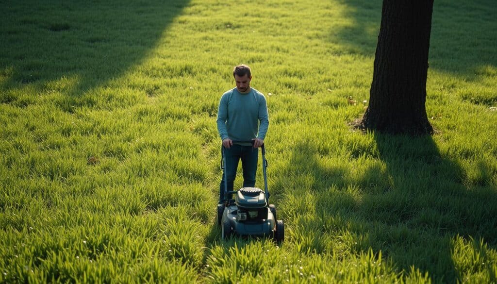 A lush, verdant lawn stretches out, with blades of grass glistening with morning dew. In the center, a person stands contemplatively, holding a lawn mower, weighing the decision to mow the wet grass. The lighting is soft and diffuse, creating a pensive, thoughtful atmosphere. The person's expression is one of careful consideration, as they evaluate the pros and cons of mowing wet grass. The background is slightly blurred, focusing the viewer's attention on the central figure and their dilemma. The image conveys the sense of a pivotal moment, where the choice to mow or not to mow could have significant consequences for the health of the lawn.