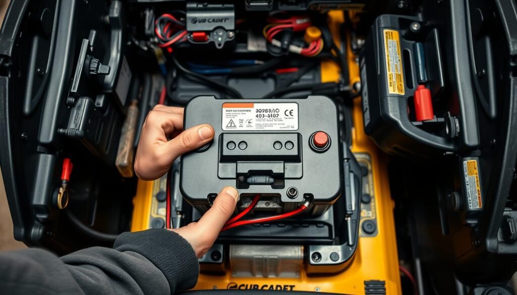 A well-lit, high-angle view of a Cub Cadet riding mower battery being installed. The foreground shows the battery being carefully placed into the designated compartment, with the operator's hands visible. The middle ground depicts the battery terminals and connections, showcasing the step-by-step process. The background features the clean, organized interior of the mower's engine bay, with tools and parts neatly arranged. The overall atmosphere conveys a sense of precision, attention to detail, and a helpful, instructional tone suitable for a maintenance guide.