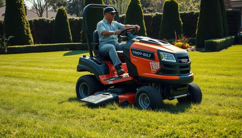A well-lit, high-quality photograph of a Troy-Bilt riding mower being tested on a lush, green lawn. The mower is prominently featured in the foreground, its sleek black and orange body gleaming in the sunlight. The operator, dressed in a crisp uniform, is visible in the middle ground, carefully maneuvering the mower. In the background, a neatly trimmed garden and a few tall trees create a serene, suburban setting. The image conveys a sense of quality, durability, and attention to detail, perfectly capturing the essence of the Troy-Bilt riding mower and its performance.