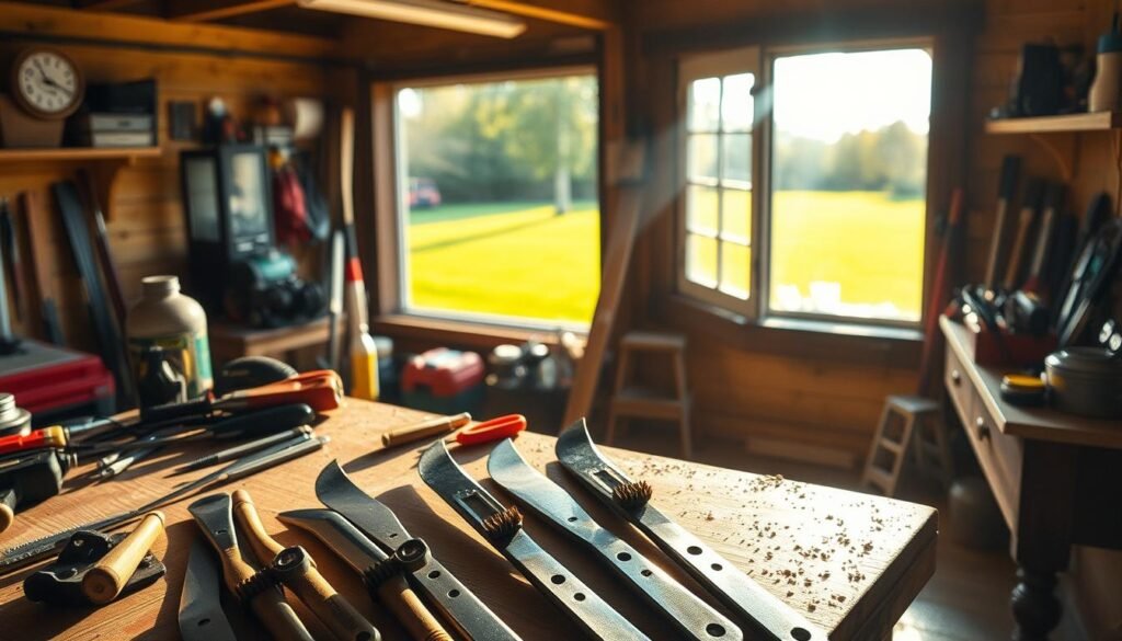 A well-lit workshop interior, with an organized workbench in the foreground featuring an assortment of tools and equipment related to mower blade sharpening. In the middle ground, a freshly mowed lawn is visible through a window, and in the background, sunlight streams in, casting a warm, natural glow. The scene conveys a sense of thoughtful preparation and attention to detail, with the mower blades the focal point, hinting at the importance of proper maintenance. The overall mood is one of diligence and care, reflecting the subject of the article.