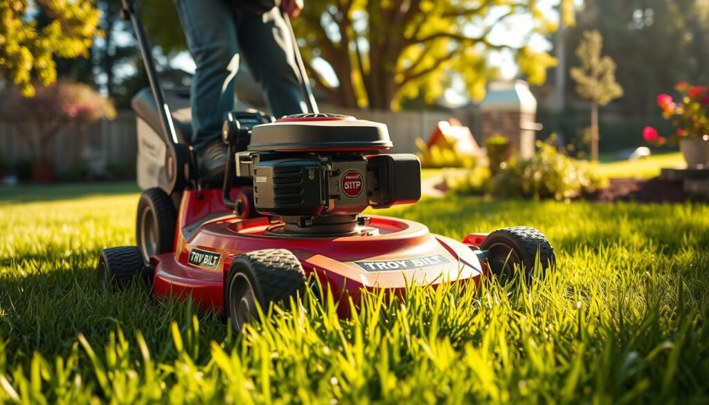 A well-maintained Troy Bilt lawn mower effortlessly cutting through lush, vibrant grass in a sunny, idyllic backyard. The mower's sharp blades precisely trim the grass, leaving behind a neatly manicured, even surface. Sunlight filters through the trees, casting a warm glow and gentle shadows across the scene. The mower's powerful engine purrs quietly, its efficient operation showcasing the user-friendly design. In the foreground, the mower's sturdy frame and large wheels convey its robust construction, while the surrounding landscape in the middle and background suggests a well-tended, thriving outdoor space.