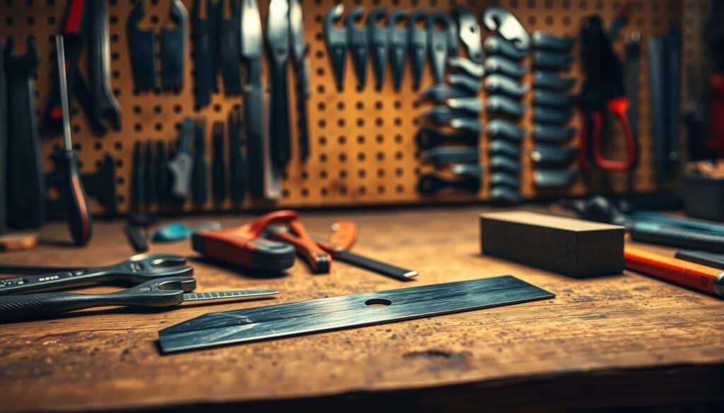 A workshop table under warm, directional lighting. On it, a freshly sharpened lawn mower blade lies alongside various tools - wrenches, a file, and a sharpening stone. The blade's edge glistens, indicating a precise, professional touch. In the background, a well-organized pegboard displays an array of additional blades, hinting at the routine maintenance required to keep a mower running at peak performance. The overall scene conveys a sense of expertise, care, and the importance of diligent blade upkeep for optimal cutting results.