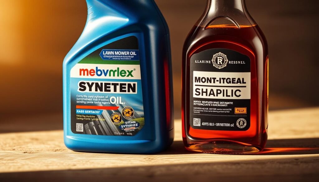 A close-up comparison of two bottles of high-quality lawn mower oil, one synthetic and one conventional. The synthetic oil bottle has a sleek, modern design with a vibrant blue hue, while the conventional oil bottle has a more traditional appearance with a deeper, amber color. The bottles are positioned side by side on a textured, wooden surface, casting soft shadows that create depth and dimension. Warm, diffused lighting illuminates the scene, highlighting the subtle differences in viscosity and transparency between the two types of oil. The overall atmosphere conveys a sense of thoughtful consideration, inviting the viewer to closely examine the distinct properties of these essential lawn mower maintenance products. A close-up comparison of two bottles of high-quality lawn mower oil, one synthetic and one conventional. The synthetic oil bottle has a sleek, modern design with a vibrant blue hue, while the conventional oil bottle has a more traditional appearance with a deeper, amber color. The bottles are positioned side by side on a textured, wooden surface, casting soft shadows that create depth and dimension. Warm, diffused lighting illuminates the scene, highlighting the subtle differences in viscosity and transparency between the two types of oil. The overall atmosphere conveys a sense of thoughtful consideration, inviting the viewer to closely examine the distinct properties of these essential lawn mower maintenance products.